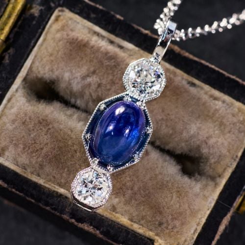 Sapphire Cabochon Pendant Necklace 14K/18K White Gold