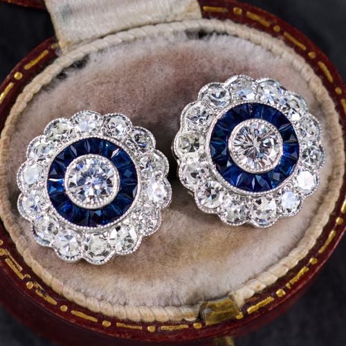 Bezel Diamond & Sapphire Stud Earrings Platinum 