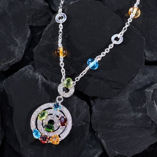 Colorful Gemstone Circle Pendant Necklace 18K White Gold