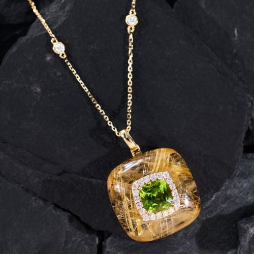 Rutilated Quartz Peridot Diamond Pendant Necklace 14K Yellow Gold