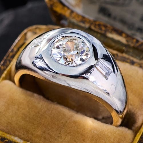 Men's Flush Set Old Euro Diamond Ring 14K White Gold