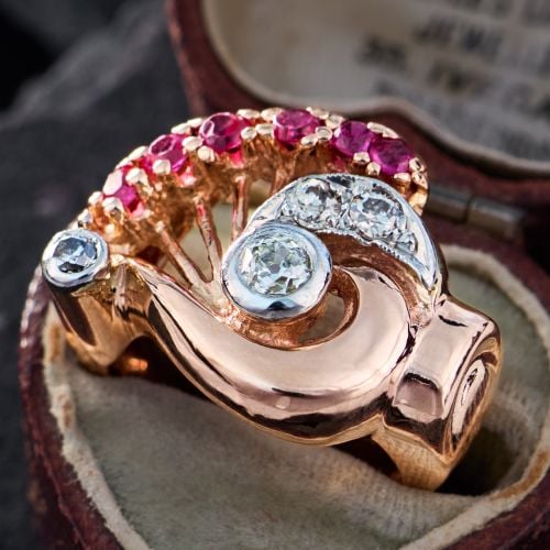 1940s Retro Vintage Diamond & Lab Ruby Spray Ring 14K Two Tone Gold
