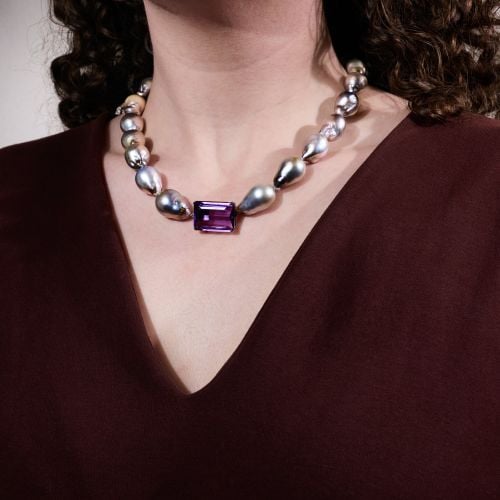 Large Baroque Tahitian Pearl Strand Necklace w/ 18K White Gold Amethyst Clasp