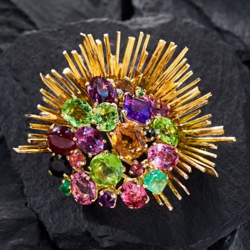 Vintage Urchin Gemstone Brooch Pin 18K Yellow Gold