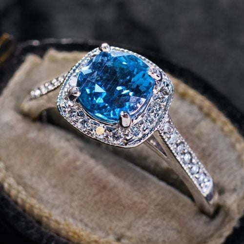  Milgrain Santa Maria Aquamarine Ring w/ Diamonds Platinum