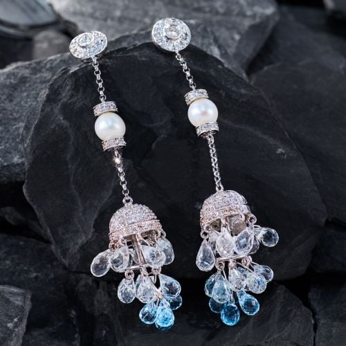 Festive Topaz Briolette & Diamond Dangle Earrings 18K White Gold