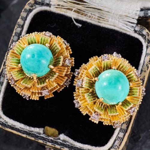 Turquoise Cabochon Flower Earrings w/ Diamonds 18K Yellow Gold