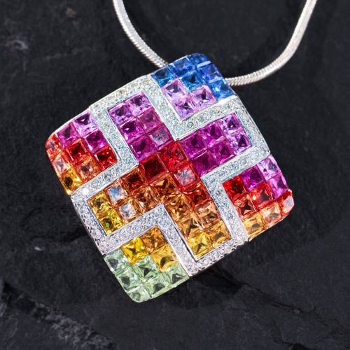 Soft Square Rainbow Sapphire Pendant Necklace 18K White Gold