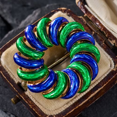 Italian Blue & Green Enamel Wreath Brooch 18K Yellow Gold