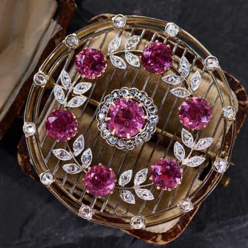 Antique Rubellite Tourmaline & Rose Cut Diamond Brooch 14K Yellow Gold