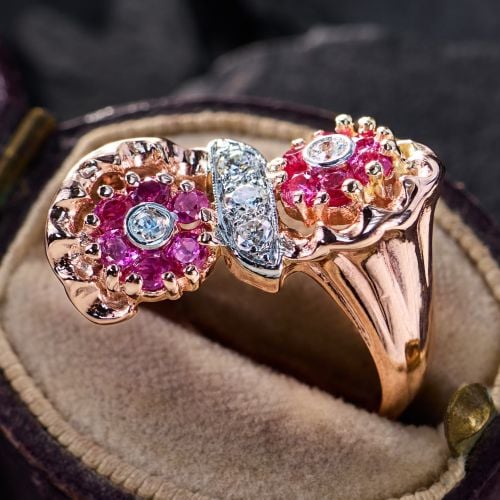 Retro Ruby Bypassing Flower Ring 14K Rose Gold & Platinum 