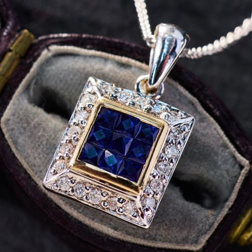 Invisible Set Sapphire Pendant Necklace w/ Diamonds 14K Two Tone Gold