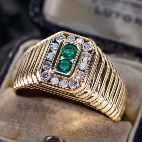 Men's Diamond & Emerald Ring 14K Yellow Gold