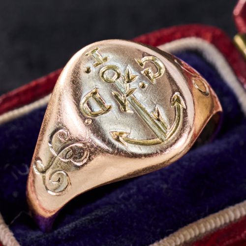 Antique Engraved Anchor Signet Ring Yellow Gold
