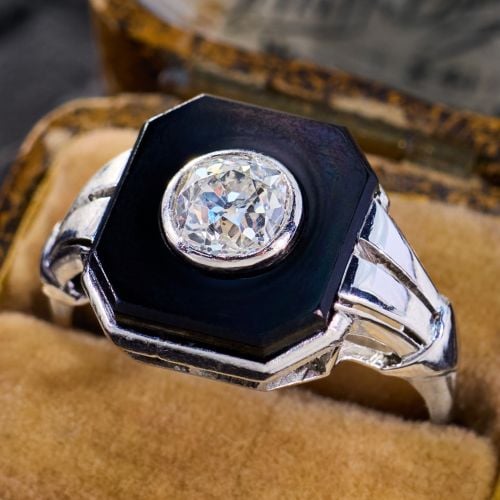 Circa 1920s Art Deco Diamond & Black Onyx Ring Platinum/14K White Gold