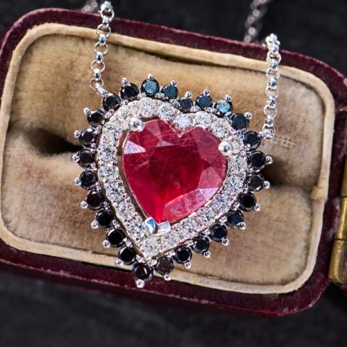 Glass Filled Ruby Pendant Necklace with Diamonds 18K White Gold