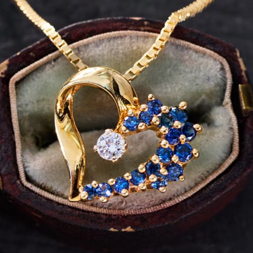 Diamond & Sapphire Heart Pendant Necklace 14K Yellow Gold