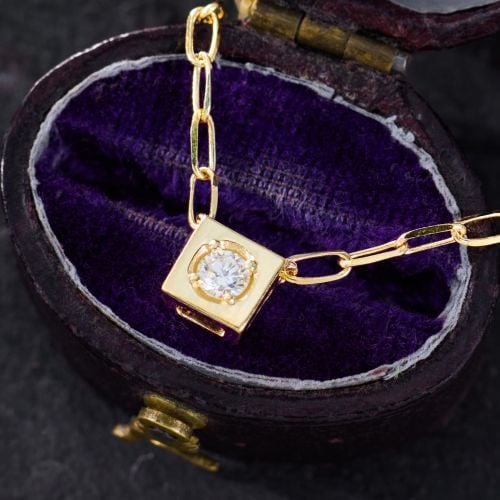 Square Station Diamond Pendant Necklace 14K Yellow Gold