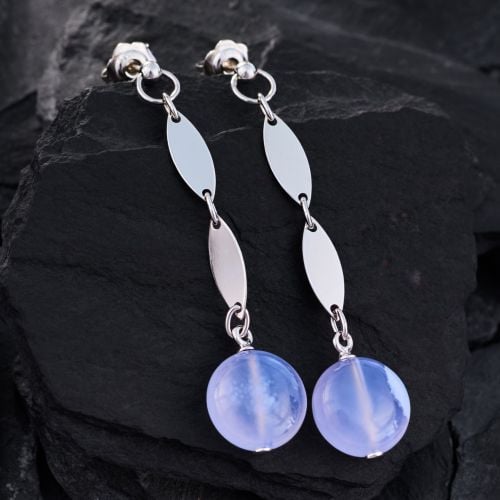 Blue Agate Dangle Earrings 14K White Gold
