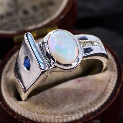 Opal Sapphire & Diamond Ring in 14K White Gold