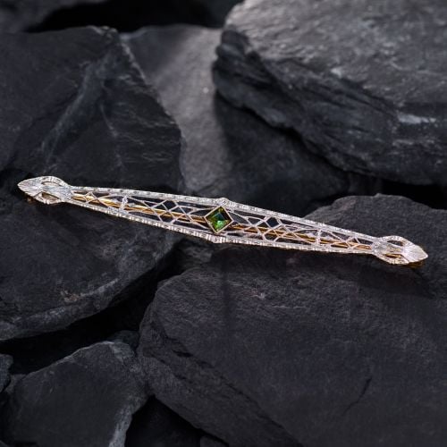 Filigree Green Tourmaline Bar Pin Brooch 14K Two Tone Gold