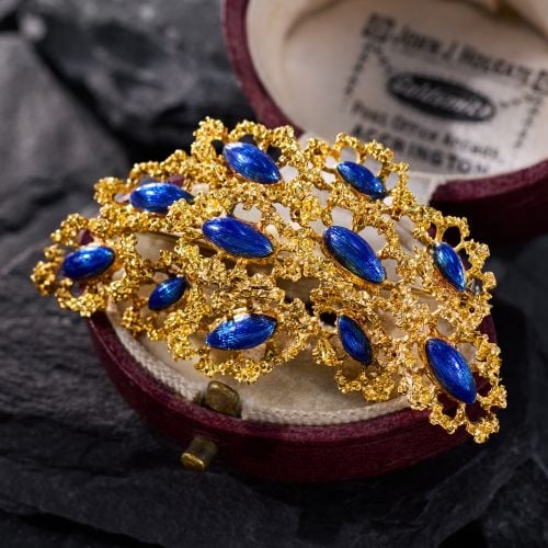 Italian Cobalt Enamel Feather Pin 18K Yellow Gold