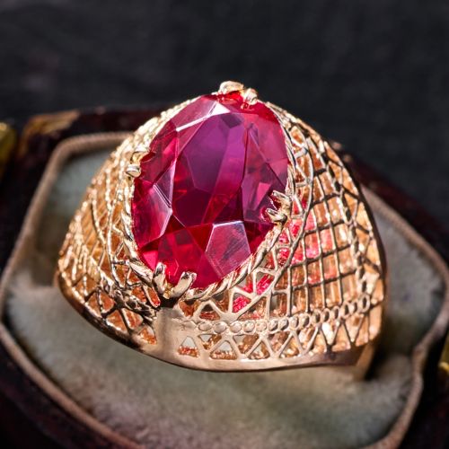 Retro Vintage Ruby & Seed Pearl Ring 18K Rose Gold Size 7