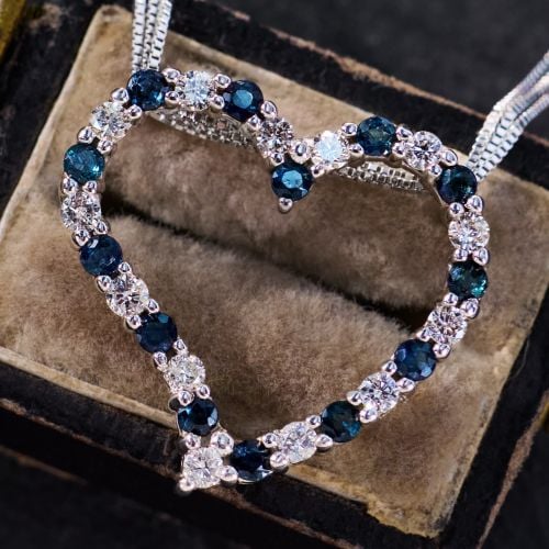Diamond & Sapphire Heart Pendant Necklace 14K White Gold