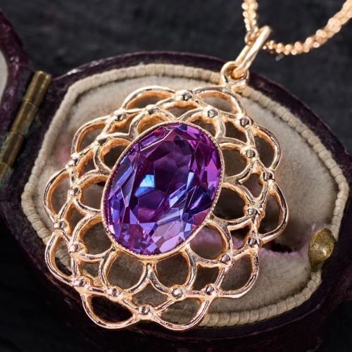 Russian Lab Grown Purple Sapphire Pendant Necklace 14K Rose Gold