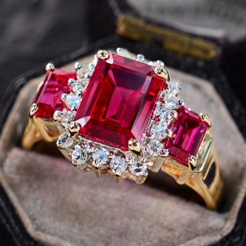 Emerald Cut Lab Created Ruby Ring w/ Diamond Accents in 14K Yellow Gold