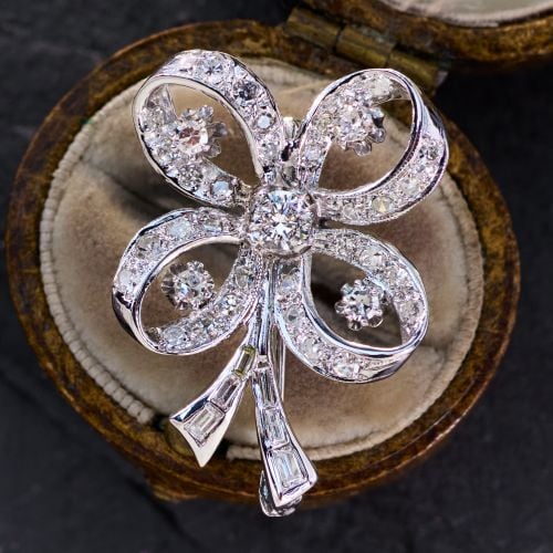 Vintage Diamond Four Leaf Clover Brooch Pin in 14K White Gold