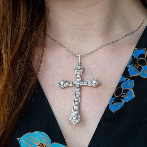 Diamond Cross Pendant Platinum Topped 18K Yellow Gold