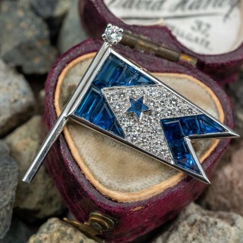 Sapphire & Diamond Flag Brooch Pin in Platinum w/ Lab Sapphire Star