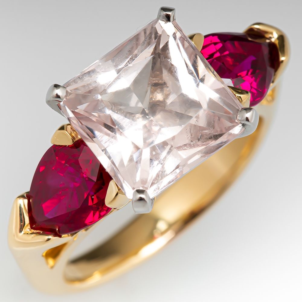 4.5 Carat Morganite Ring w/ Ruby Accents 18K Yellow Gold