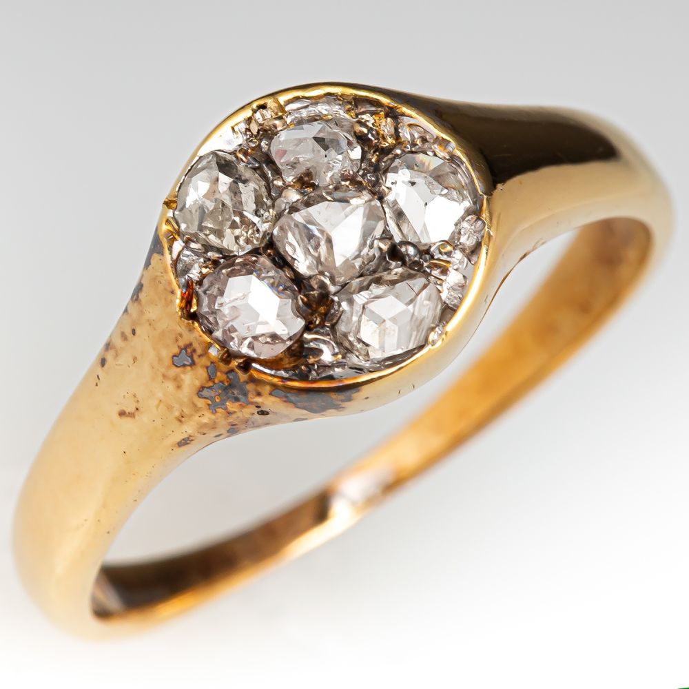 Antique Rose Cut Diamond Cluster Ring 18K Yellow Gold
