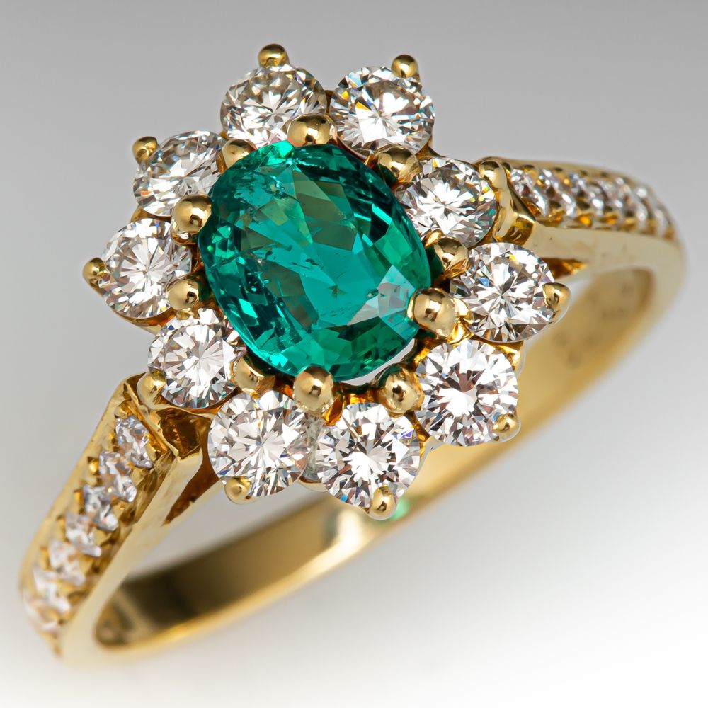 Emerald Engagement Ring w/ Diamond Halo 18K Yellow Gold
