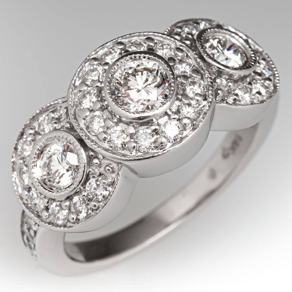 Three Stone Diamond Cluster Ring 14K White Gold