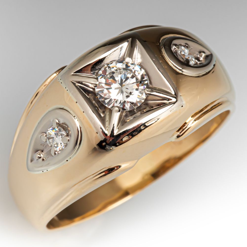 Vintage Mens Two Tone Diamond Ring 14K Yellow Gold