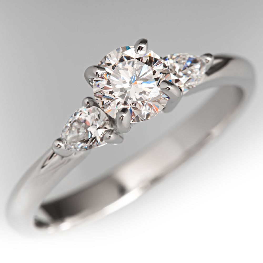 Three Stone Engagement Ring Round Brilliant Diamond w/ Pear Accents 14K ...
