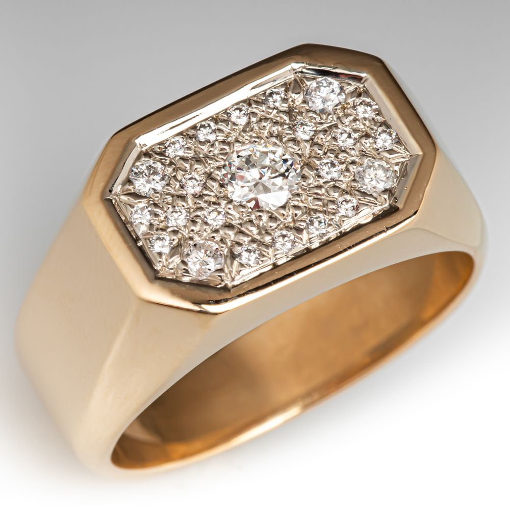 Mens Pavé Diamond Ring 14K Two Tone Gold