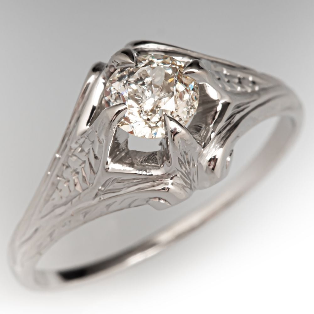 Engraved Art Deco Diamond Solitaire Engagement Ring 18K White