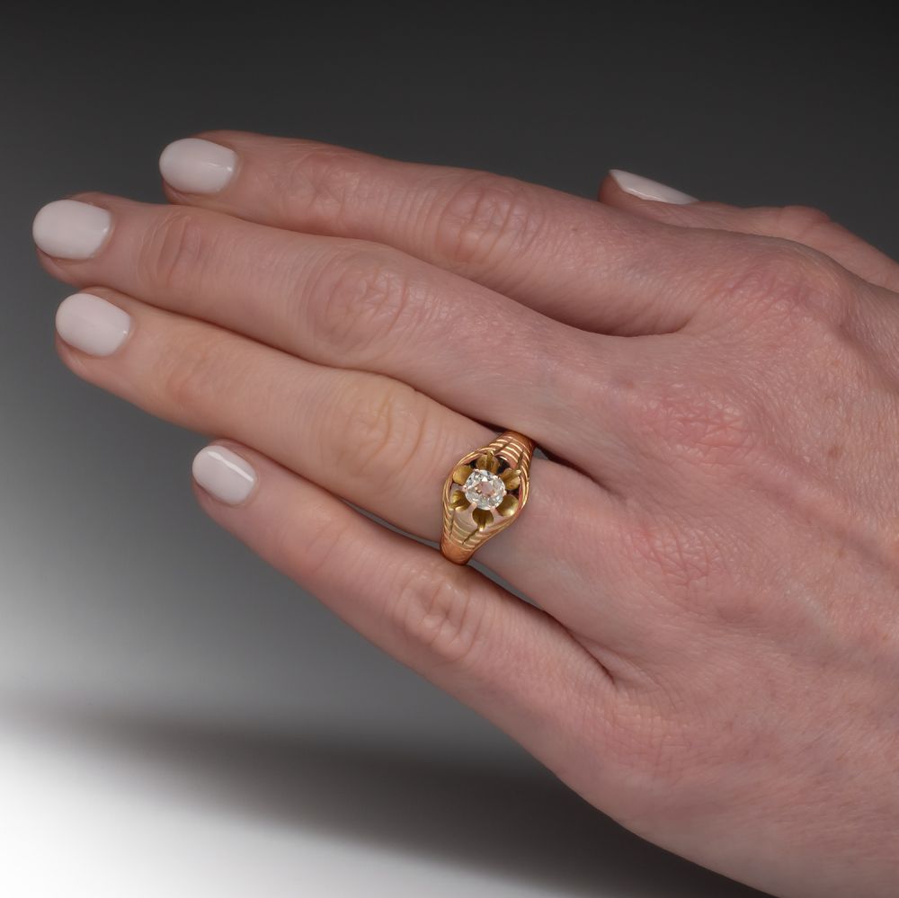 Antique Cobra Hood Motif Old Mine Cut Diamond Ring 14K Yellow Gold