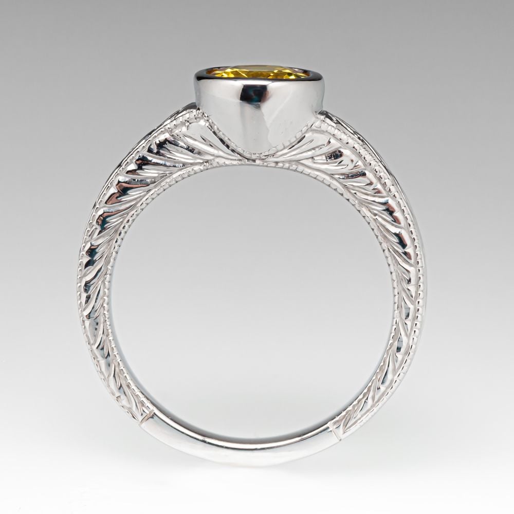 Engraved Oval Yellow Sapphire Ring 14K White Gold