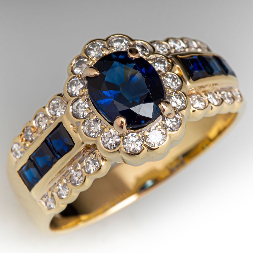 Oval Sapphire Ring w/ Diamond Halo 14K Yellow Gold
