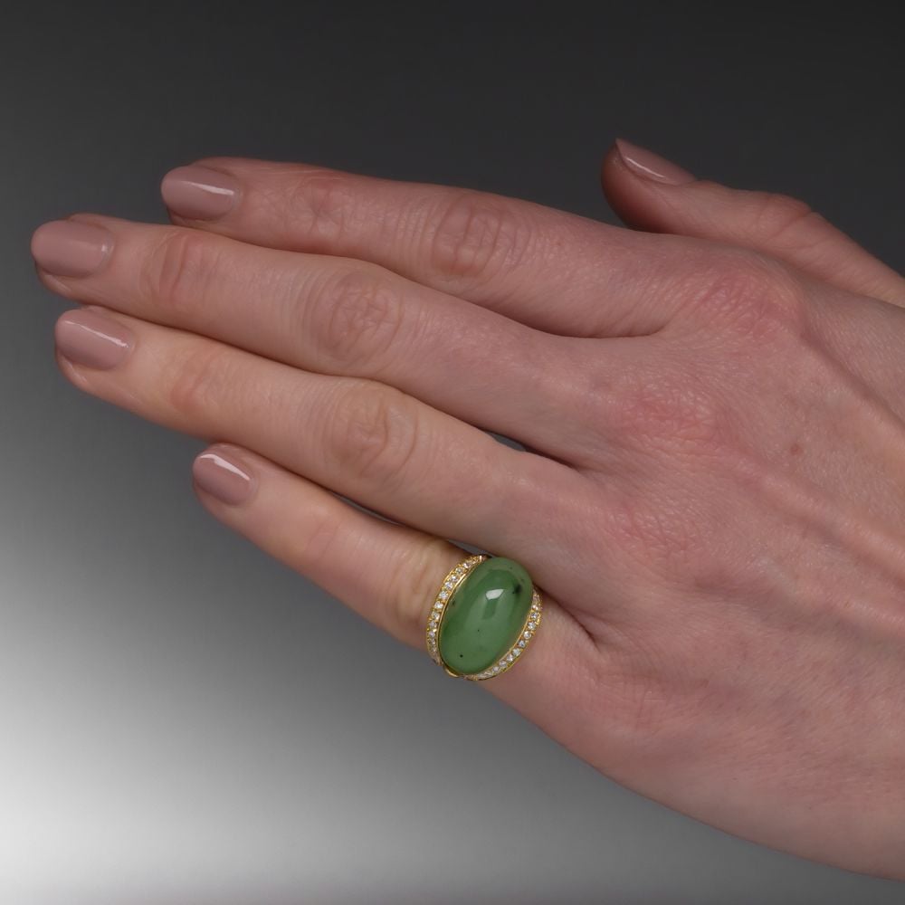 Italian Jade Dome Ring w/ Diamonds 18K Yellow Gold