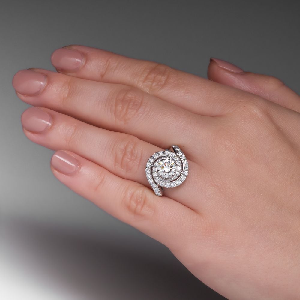 Vintage Diamond Swirl Engagement Ring Platinum 1.24Ct I/VS1