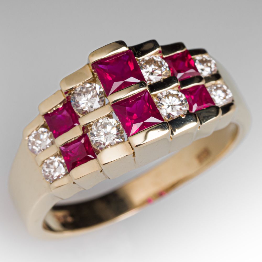 Tiered Square Ruby & Diamond Ring 14K Yellow Gold