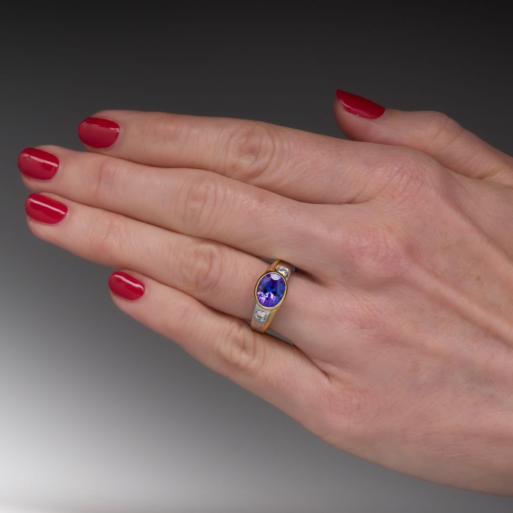 East To West Bezel Set Tanzanite Ring 18K Yellow Gold & Platinum