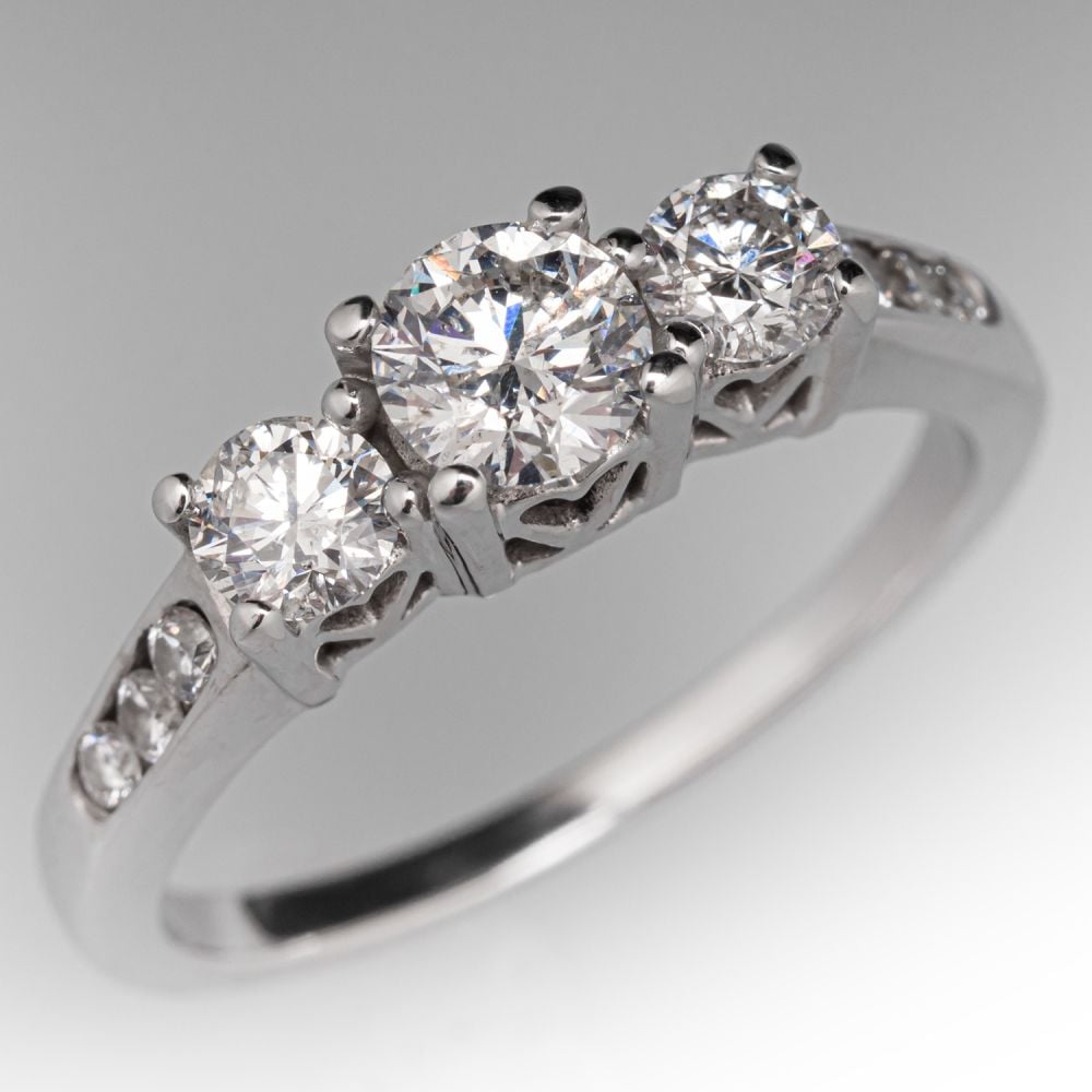 Round Brilliant Diamond Three Stone Engagement Ring 14K White Gold