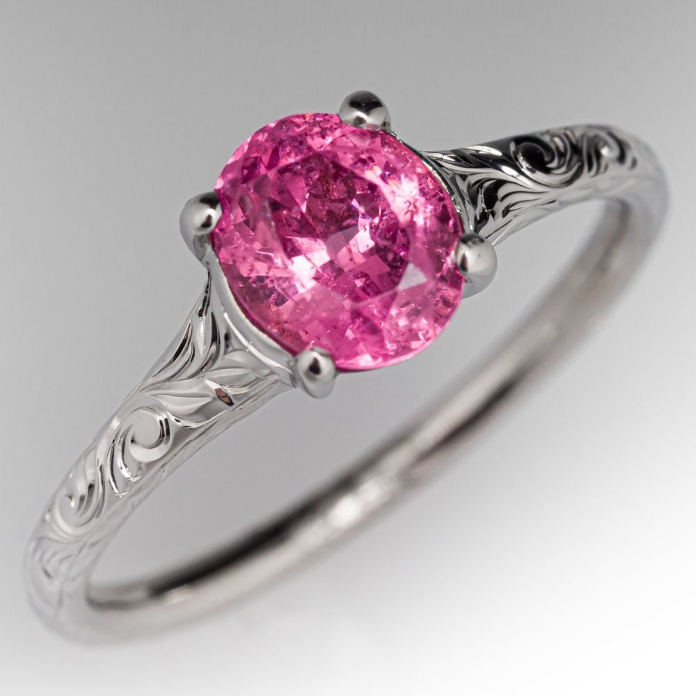 Oval Pink Spinel Solitaire Ring w/ Engraving 14K White Gold